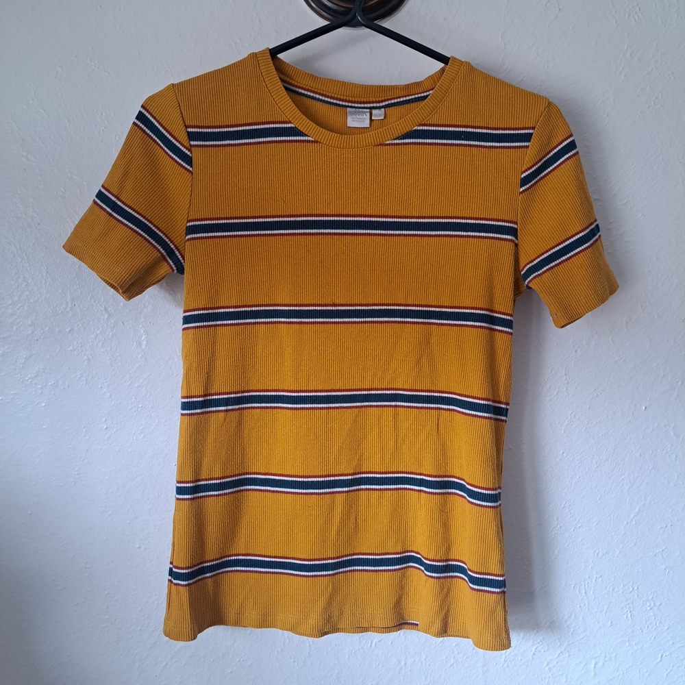 Simons - Mustard Ribbed Tee with Navy & White Trim - M
